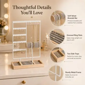Tree-shaped Jewelry Storage Rack, Earring Holder & Necklace Stand, with hanging holes, velvet bracelet rod, ring groove design, wooden base, desktop placement, space-saving, exquisite and beautiful, suitable for gifting (DM140)