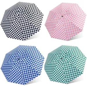 Checkered Automatic Compact Umbrella Windproof  Umbrellas for Rain and Sun, UV Protection Folding Travel Umbrella