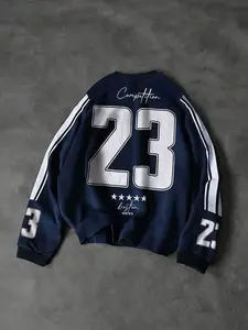 Oversized Blockcore Crewneck Long Sleeve Sweatshirt for Men with Retro Number 23 Graphic, Vintage Navy Blue Sporty Pullover for Campus Life & Streetwear Aesthetic