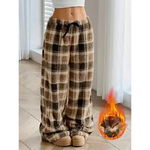 Women'S Cozy Plaid Sleep Pants with Front Tie - Warm Brown & White Checkered Design, Elastic Waistband & Adjustable Drawstring, Soft Plaid Loungewear for Fall/Winter, Plus Size Available, Casual Home & Office Pants, Elegant Wide-Leg Trousers for Wom