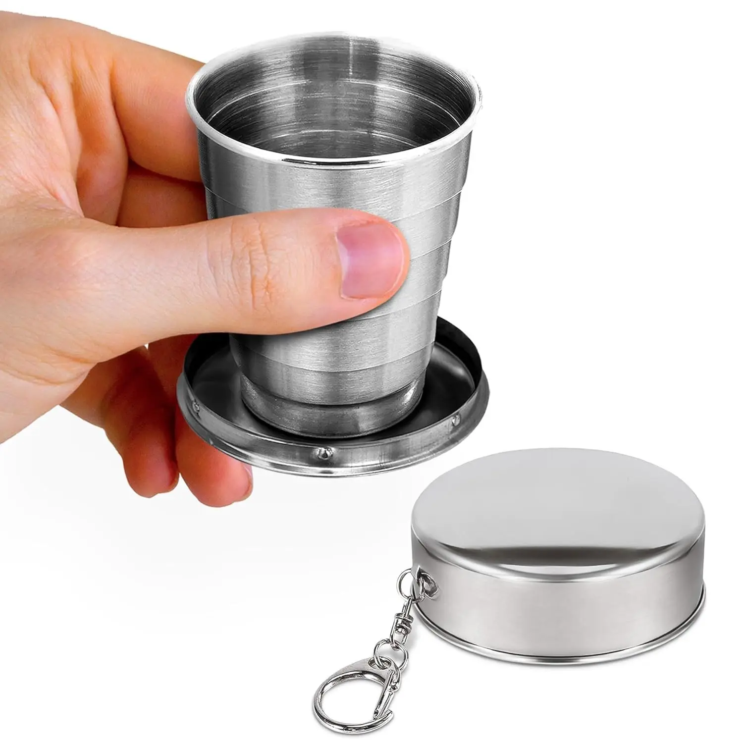 Collapsible Travel Cup with Lid 2.5Oz (75ml) - Leak-Proof Сollapsible Shot Cup Keychain, Highly Portable, Made of Rust & Bend Resistant Stainless Steel - Foldable Hiking Cup for Traveling, Fishing, Camping