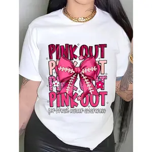 Women's Pink Breast Cancer Awareness T-Shirt, Cotton Fabric, Short Sleeve Crew Neck, Casual Letter Print Top, Suitable For All Seasons,Women's Plus Size Clothing