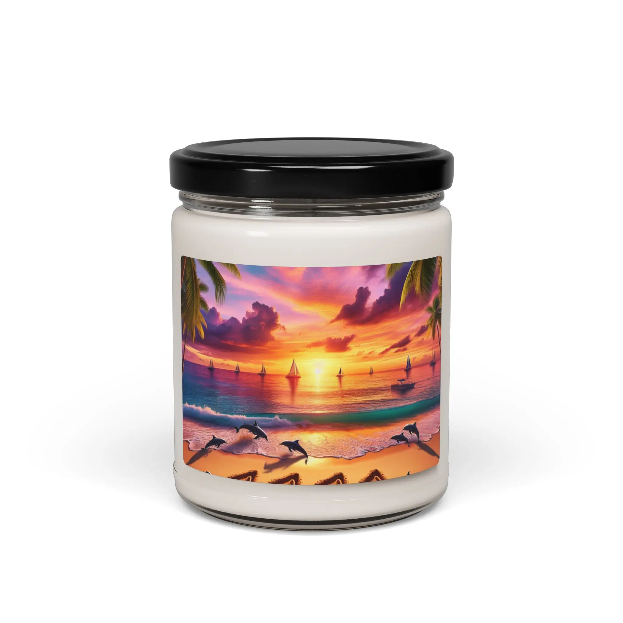 Scented Candle 9 Flavors "Dolphin's Paradise: Twilight Dance on Tropical Shores" - 1111 Tropical Beach Sunset with Palm Trees, Dolphins, and Sailboats Art Aroma Decor Wick Glass Freshener Decoration