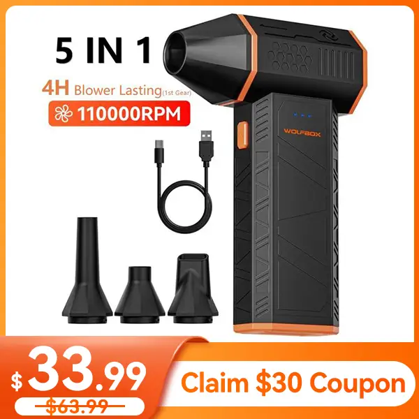 WOLFBOX MF50 Electric Air Duster 110000RPM 5000mAh Super Power Cordless Blower with 3-Gear Adjustable Nozzles for PC Keyboard Home Car Outdoor