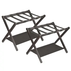 Garvee Bamboo Folding Luggage Rack with Storage Shelf, Sturdy Nylon Straps, Supports up to 110 lbs, Fits Most Suitcases, Ideal for Bedrooms, Guest Rooms, and Hotels, Brown, Set of 2
