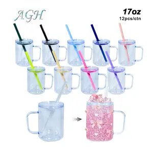 AGH US New Collection 12-pack 17 OZ Plastic double-wall Snow globe handle coffee mug Mixed-color silicone ring with transparent lid and colored straws for glitter diy with Pre Drilled Hole And Plugs