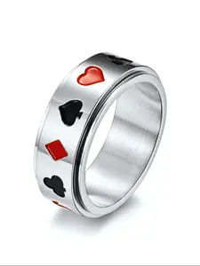 Titanium Steel Rotating Ring with Poker Card Design, Club Heart Diamond Spade Pattern, Unisex Fashion Accessory, Stacking Rings, Stackable Rings