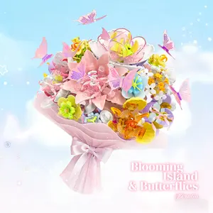 Building Block Flower Bouquet Handmade DIY Creative Birthday Gift Romantic Surprise Blooming Island & Butterflies Stem Kit