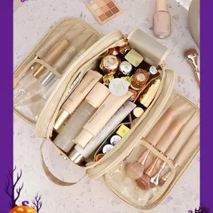 Fashion Makeup Bag Organizer Bags for Women, Large Hanging Cosmetic Skincare leather Bags Toiletries, Portable Pouch Open Bag Make up Organizer Comes