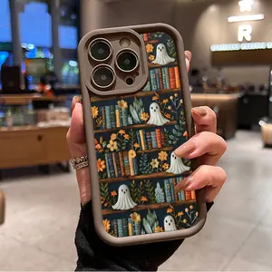 Vintage Ghost Bookshelf Pattern TPU Phone Case for iPhone 17 16 15 14 Pro Max 13 12 11 Air XR XS Plus E Shockproof Drop Protection Rugged Durable Silicone Cover Cellphone Protective Smartphone Casing