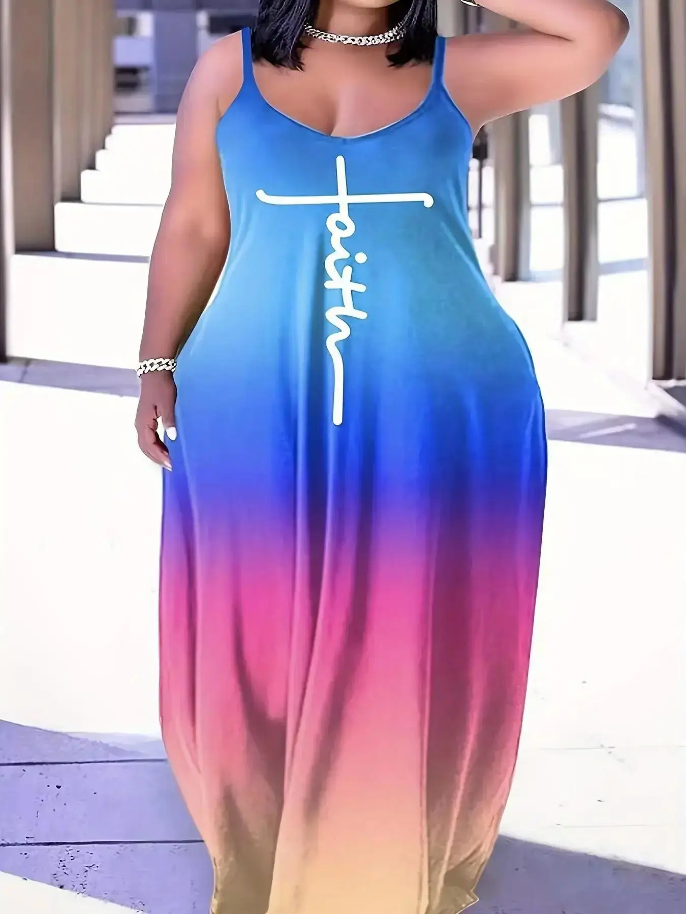 Plus Size Ombre Letter Print Pocket Cami Dress, Casual Sleeveless Spaghetti  Strap Long Dress for Summer, Women's Plus Clothing for Daily Wear,  Womenswear - TikTok Shop