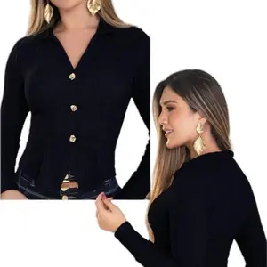 Blusa Colombiana REF:710 Women's Long Sleeve Button Front Blouse Black Casual Fitted Top for Everyday Wear