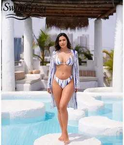 Briza｜Women's Triangle Halter High Waisted Bikini in Blue White Tie-Dye Stripe Two-Piece Swimsuit Set with Cover Up for Beach Pool Resort Vacation Summer Swimwear and Bathing Suits, Women's Swimwear, Bathing Suit for Women, Bikini Set