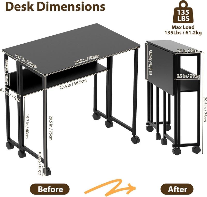 Folding Rolling Desk - 24.8 Inch Space Saving with Laptop Table Storage Shelf, Sturdy Frame, Mobile Workstation Sofa Table with Wheels for Dorms, Home, Office, Study  Black