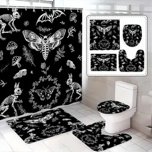 1/4-piece skull and moth pattern shower curtain set, includes a non-slip mat, U-shaped rug, and toilet seat cover. Perfect for bathroom decoration, partitioning, and beautifying the space. Comes with 12 shower curtain hooks.