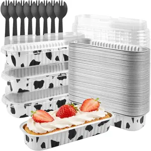 Mini Cake Pans with Lids &, 6.8oz 50 Pack Aluminum Mini Loaf Pans, Oven Safe Disposable Baking Tins for Brownie Cheesecake Lasagna,Cowprint