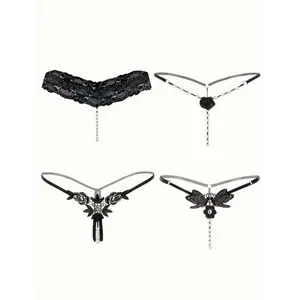 4 Pcs Seductive Lace Thongs - Low Waist Open Crotch Sheer G-String With Pendant Pearl - For Women - Sexy Lingerie & Underwear - Perfect Gift for Special Occasions