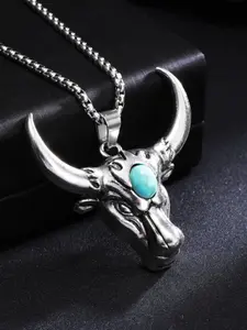 Western Style Bull Head Cuban Link Necklace, Vintage Antique Silver Color Pendant, Unique Design Unisex Sweater Chain, Fashion Jewelry for Men and Women