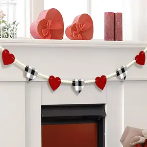Valentine's Day Wooden Beads Garland Buffalo Plaid Heart Banner 4.67ft for Home Office Wall Fireplace Decorations