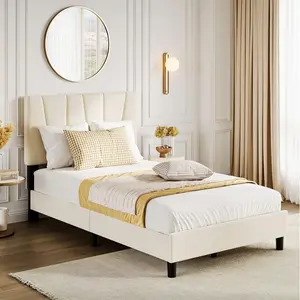 Garvee Full Bed Frame With Headboard Adjustable, Modern Velvet Upholstered Full Size Platform Bed Frame With Wooden Slat Support, No Box Spring Needed, Beige