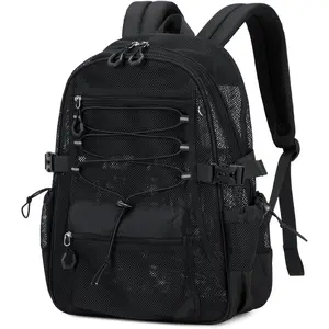 See-Through Mesh Backpack for School with 3d Foam Shoulder Straps, Lightweight, Ultra-Breathable Backpack for Beach, Swim, Gym, & Work, Black