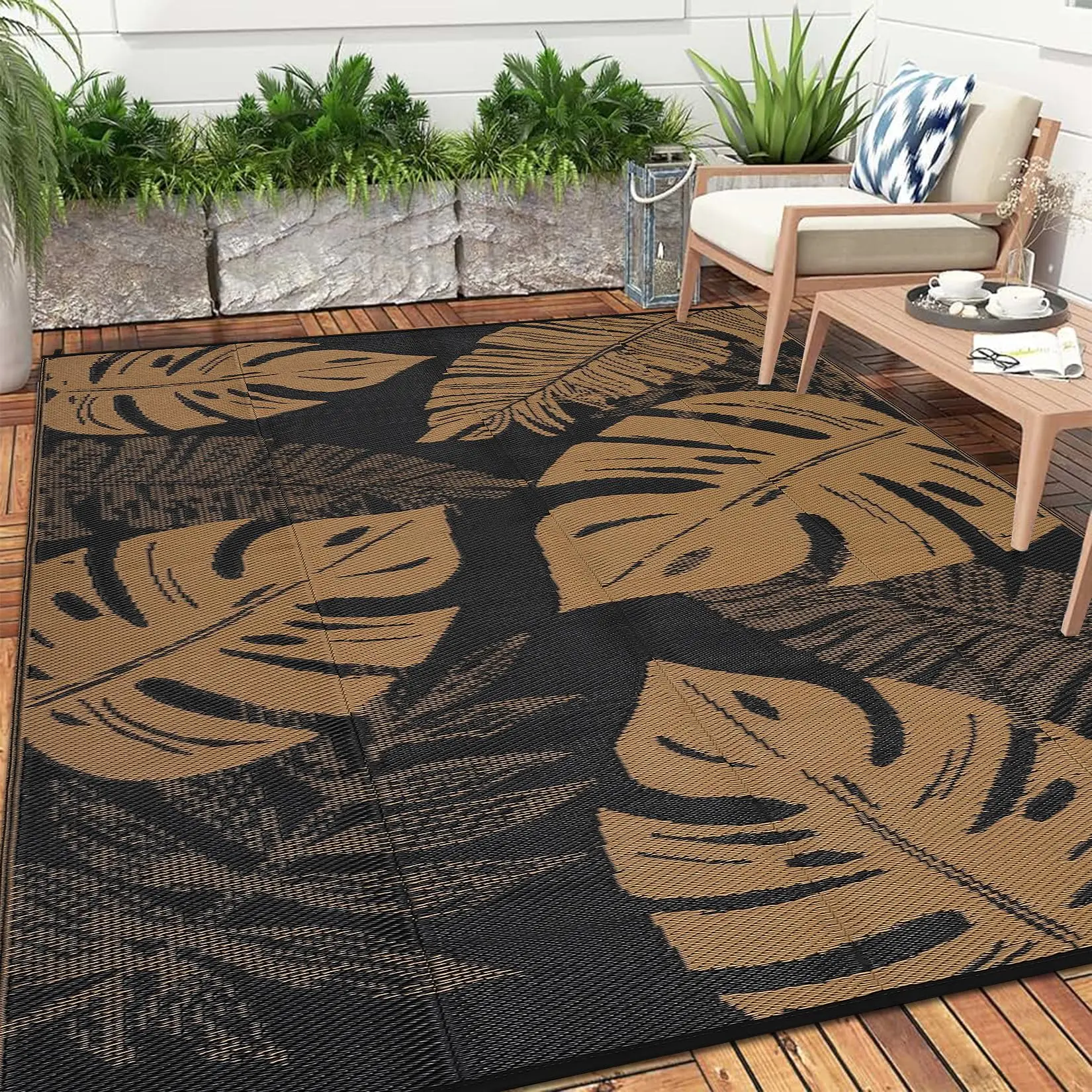 GARVEE Outdoor Rug 8x10 - Waterproof, UV Resistant, Reversible Plastic Straw Patio Rug, Lightweight Foldable Camping Mat with Portable Bag, Ideal for Yard, RV, Picnic, and Modern Outdoor Use in Brown