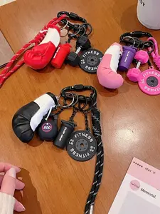 Sporty Gym Keychain Set with Boxing Glove, Dumbbell & Kettlebell, Mini Fitness Equipment Bag Charm with Braided Strap, Aesthetic Workout Pendant for Backpack/Car Keys, Perfect Gift for Gym Lovers