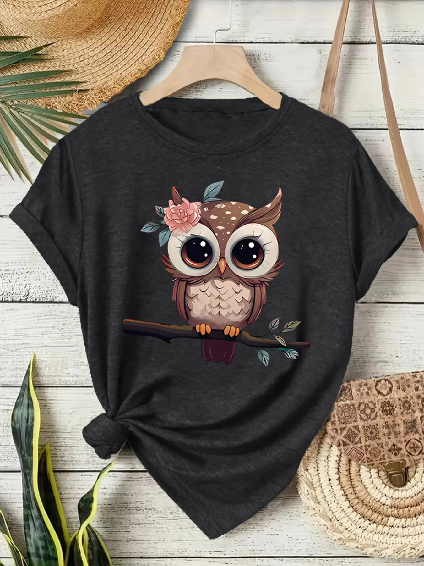 Cute Owl Print Vintage Style Women's Summer Everyday Casual Sports Top, Round Neck Short Sleeve T-Shirt, Comfortable Breathable Fitted Fit S-Xxl, Casual Tee Shirts