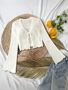 Women's Hollow Out Front Tie Shell Edge Bell Sleeve Knitwear Cardigan, Stylish Chic Open Front Design, Perfect for Casual Wear & Layering