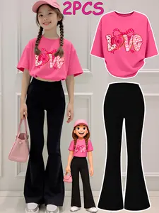 2PCS Valentine's Day Girls Clothes T-Shirt Bottom Pants Set  Love Heart Bow Print Print Girl Clothes Short-Sleeved Round Neck T-Shirt Bell Bottom Pants Set Perfect For Outdoor  Kids Clothes, Flare Pants, Bell Bottoms, Short Sleeve Tops