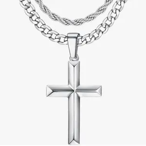 Sterling Silver Cross Jewelry Set Zircon Inlaid Cross Pendant Cuban Chain Hip Hop Punk Stylish Accessory Daily Wear Street Party Banquet For Men Boys Trendy Fashion Gift