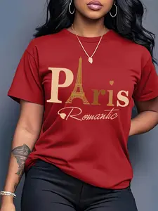 Women's Casual Short Sleeve Crew Neck Cotton T-Shirt 4-Piece Set, Paris Eiffel Tower Print, Multiple Colors, Machine Washable, Spring & Summer Top, Soft Skin-Friendly Fabric, Daily Wear, Fashion Design