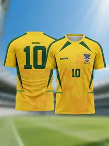Men's Brazil 10 Christ the Redeemer Print Soccer Jersey, Breathable Mesh Short Sleeve Football Shirt, Brazilian National Team Style Sportswear for Casual & Match Wear