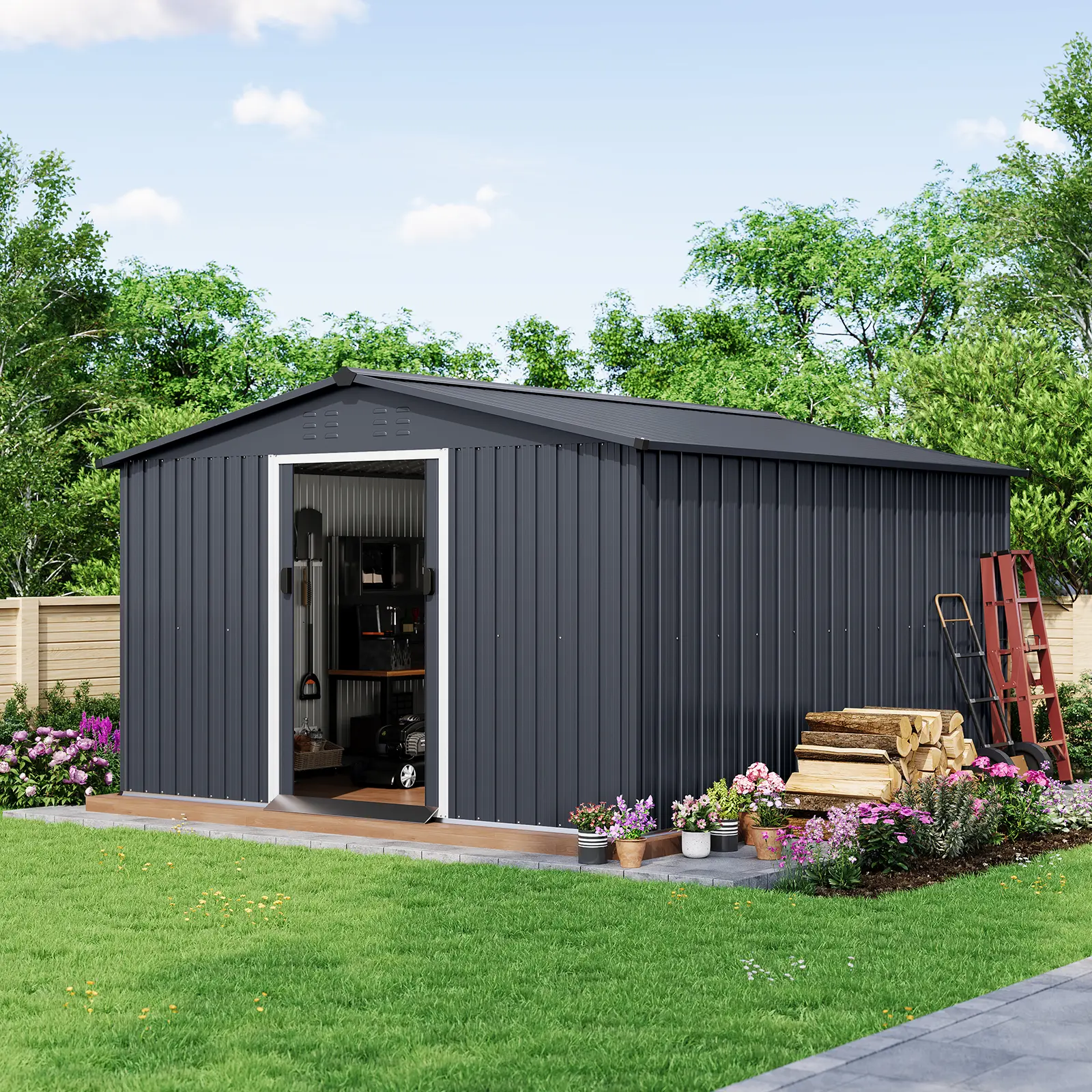 Grey 10x12 FT Outdoor Metal Storage Shed with Sloped Roof & Lockable Secure Door Spacious Heavy-Duty Garden Shed Perfect for Organizing Tools Equipment in Backyard Patio Lawn & Yard