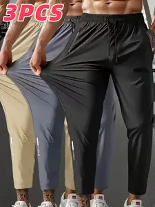 3-Pack Men’s Ice Silk High Stretch Athletic Pants – Lightweight Quick-Dry Straight-Leg Casual Pants with Zipper Pockets
