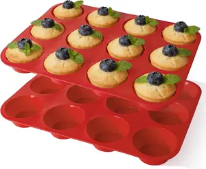 Silicone Muffin Pans for Baking Nonstick 2 Pcs, 12 Cup Regular Cupcake Pan, Food-Grade Silicone Baking Molds for Cupcakes, Egg Bites, Freezer, Red