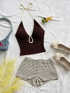 Swim Vcay Womens 2PCS Knit Shorts Set – V-Neck Spaghetti Strap Top Summer Vacation Outfit