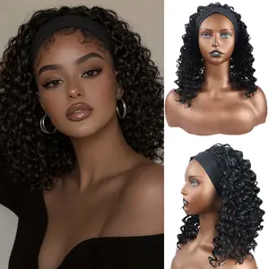 12 Inch Deep Wave Headband Wig for Black Women Glueless Wear to Go Heat Resistant Synthetic Hair Shoulder Length Bob for Daily Use Dating