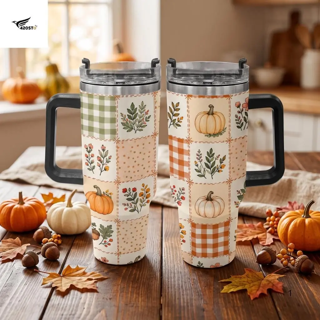 Fall Pumpkin 40oz Tumbler with Handle, Cozy Autumn Patchwork Stainless Steel Travel Mug, Floral Pumpkin Insulated Cup, Rustic Fall Gift
