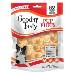 Good 'n' Tasty Pup Puffs Dog Treats | Triple Flavor Chicken, Peanut Butter & Cheese | Low Calorie Crunchy Dog Snacks | 8 oz