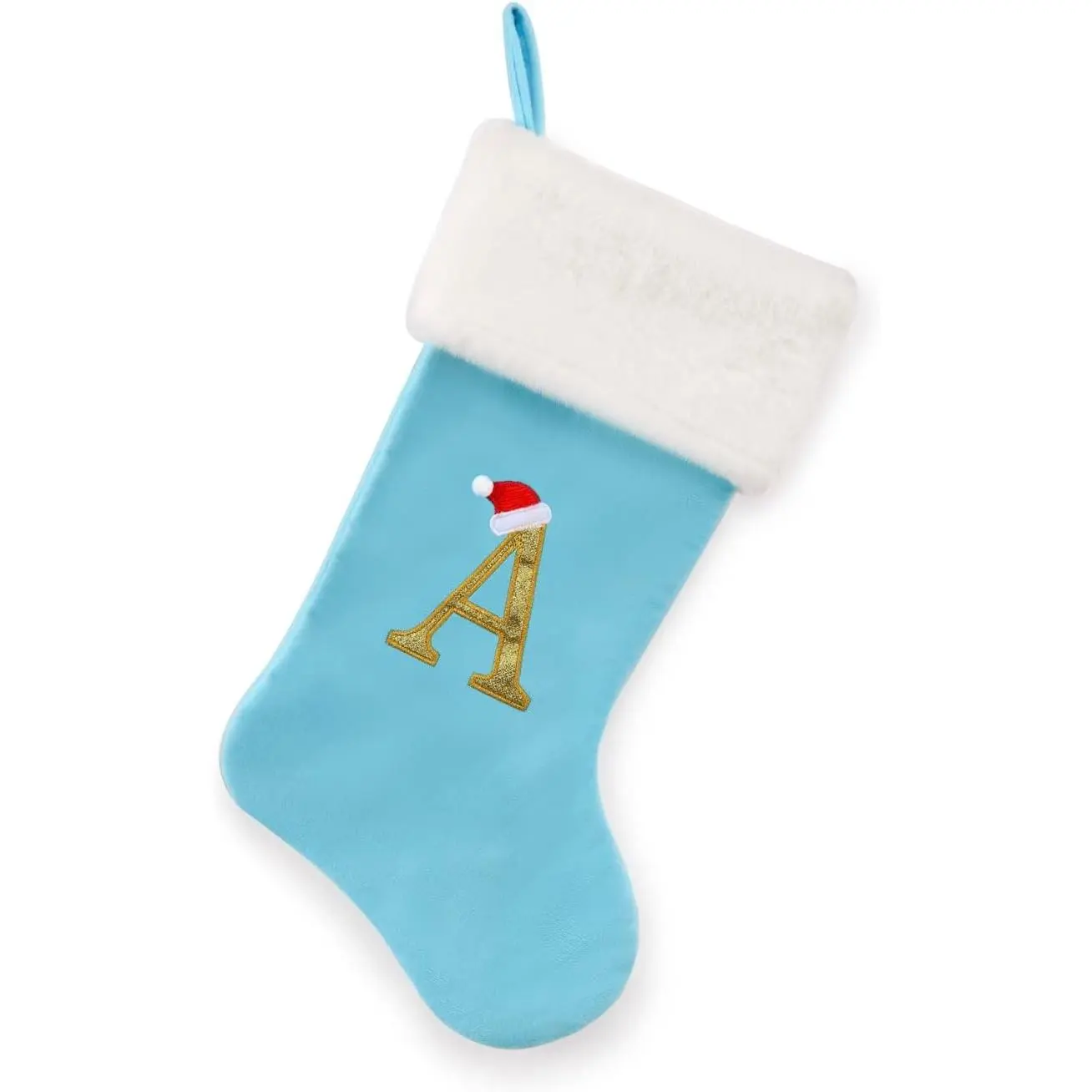 20-Inch Letter Embroidered Christmas Stocking Thick Luxurious Light Blue Velvet with Super Soft Plush Cuff Personalized Decoration for Xmas New Year Party (Letter A)