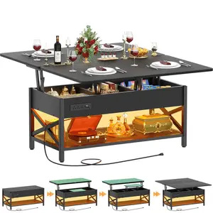 Lift Top Multi-Function Coffee Table Converts to Dining Table with LED Light and Power Outlet, Center Table with Shelves for Living Room Reception Home Office