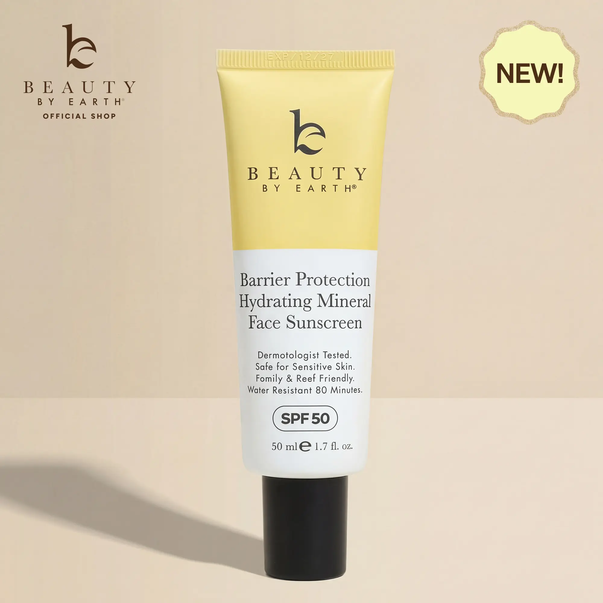 Beauty by Earth Barrier Protection Hydrating Mineral Face Sunscreen SPF 50 - Ceramide NP & Argan Oil for Sensitive Skin Facial