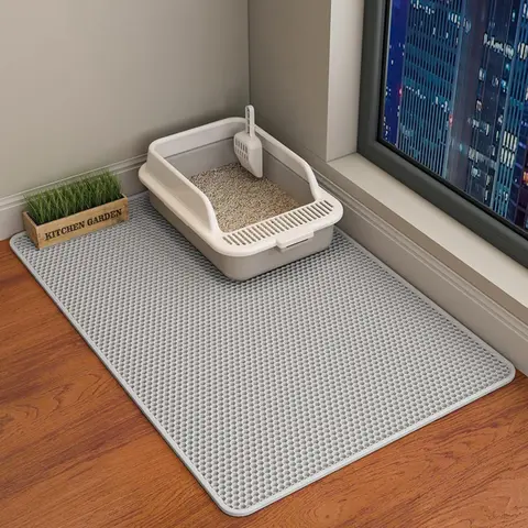 Multi-Size Practical Foldable Pack EVA Cat Litter Mat, 35x22 Inch Gray Double-Layer Grid Mesh, Non-Slip Waterproof Urine-Proof Catcher, Easy Clean Scatter Control, Reuse Saved Litter, Unscented (30x22/24x18/23.6x14.6 Inch Options Available)