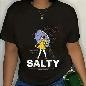 Vintage Casual Short Sleeve T-Shirt Featuring Girl with Umbrella and Salty Meme Design in  Clear Fabric Cotton Fit Round Neck Man Menswear Top