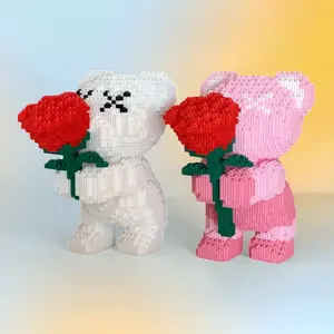 Valentine Bear With Flower Building Blocks, Sweet Couple Gift & Handmade Ornament, Ideal Birthday Present