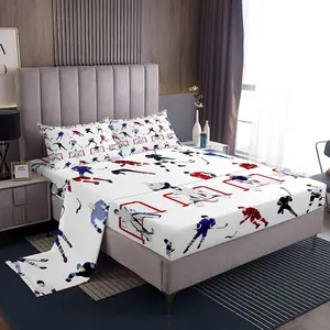 Feelyou Ice Hockey Bedding Set - Microfiber Soft Breathable Bedding Supplies with Flat Sheet, Fitted Sheet, Pillowcase, Hockey Motif Sports Theme, Multi-Size for Sports Enthusiasts