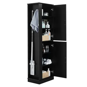 Black Freestanding Bathroom Storage Cabinet - 29.52x7.12x28.74 in MDF Waterproof, 2 Doors, 6-Tier Adjustable Shelves, Side Hooks, Anti-Tipping, Multi-Compartment Tall Cupboards for Toilet, Laundry Room