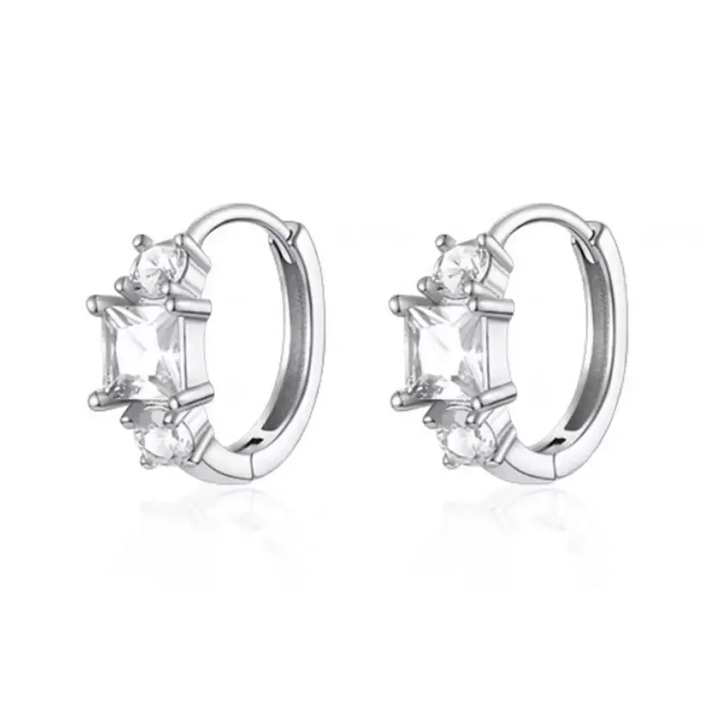 Women's 925 Sterling Silver Hypoallergenic 3-Stone Princess & Round Cut Moissanite Huggie Hoop Earrings, Luxurious Fine Jewelry for Anniversary Gifts & Everyday Wear