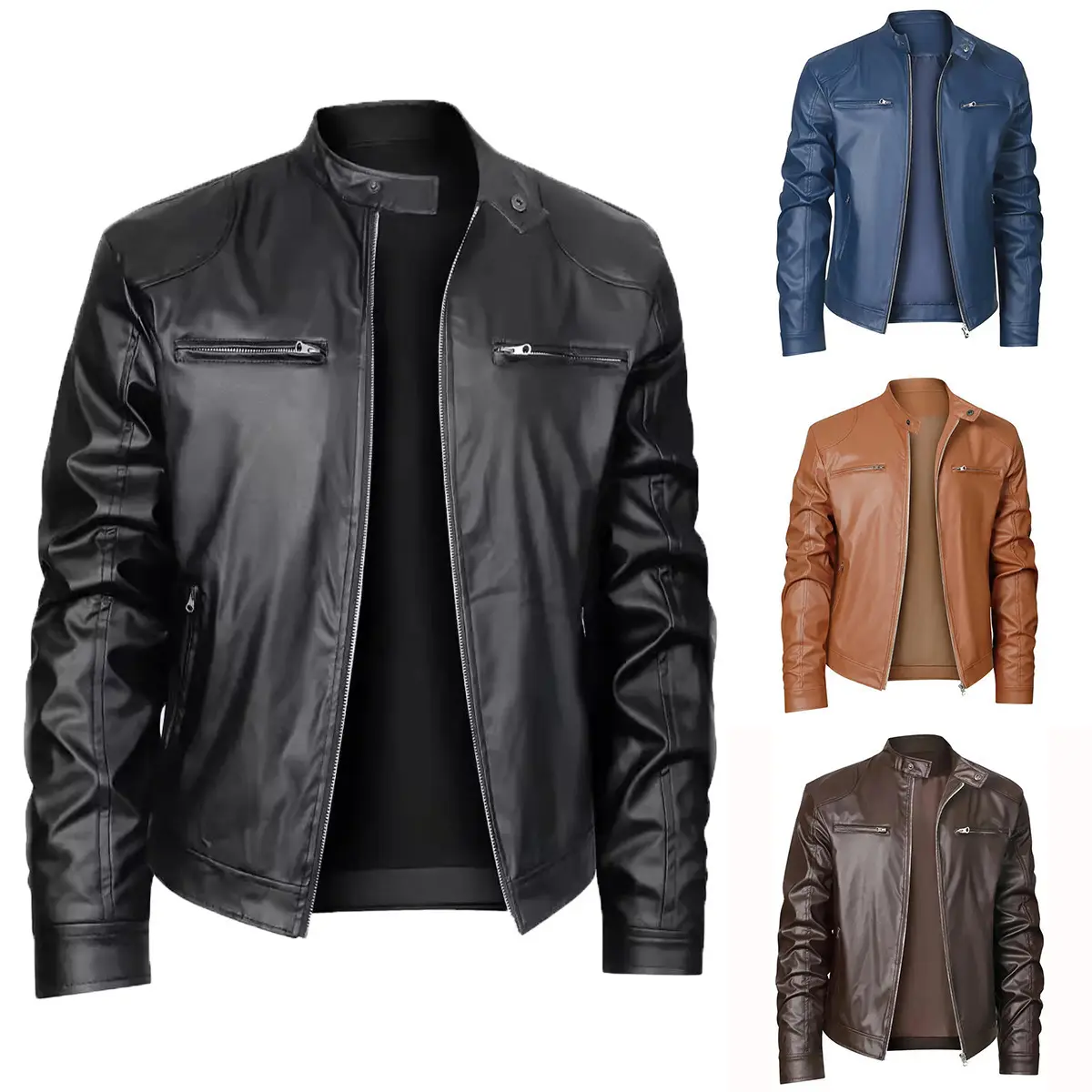 High-Quality Men's Stand Collar Slim Fit Leather Jacket with Zipper Pockets Decorative Leather Coat Motorcycle Men's Leather Jacket